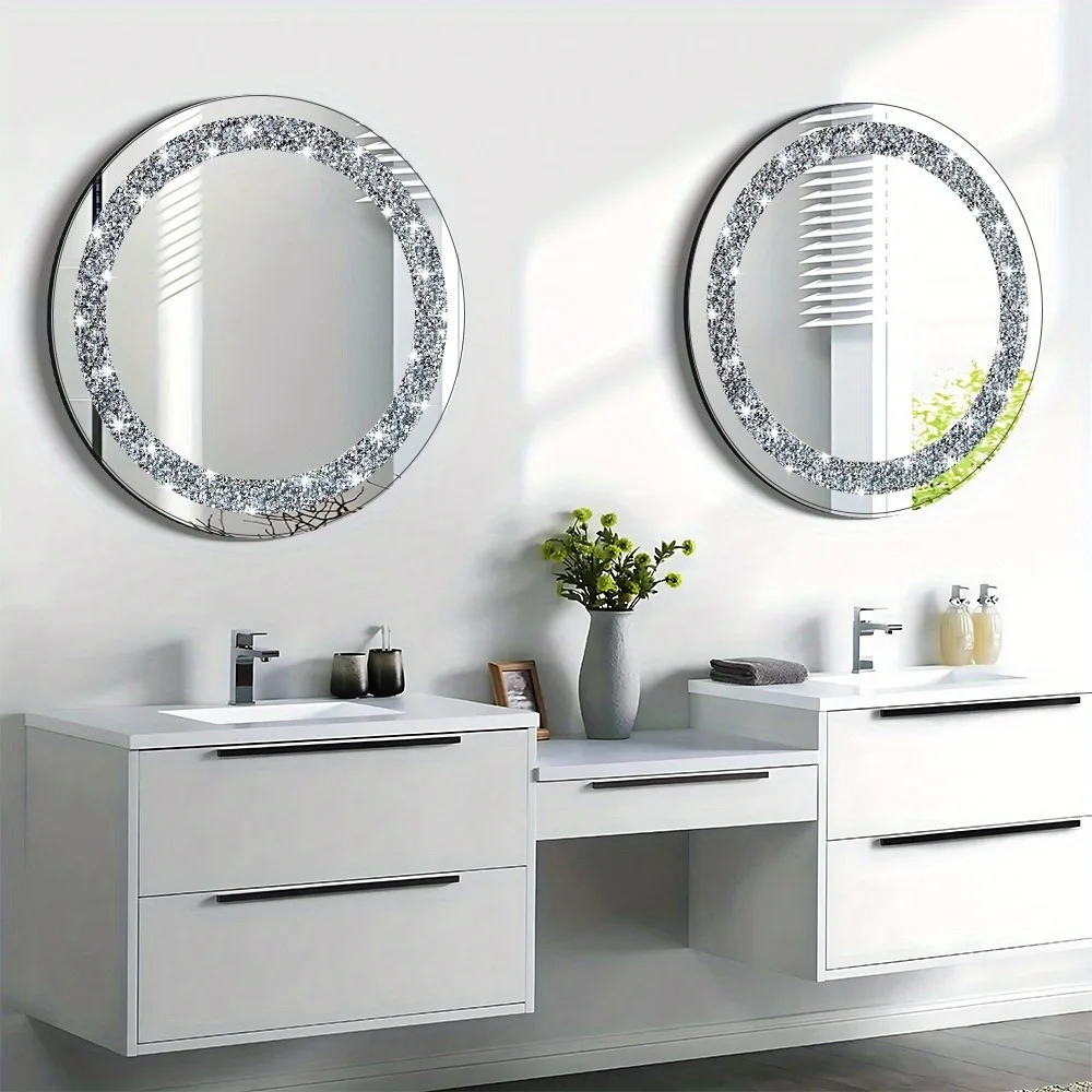 

Gorgeous Crystal Shattered Diamond Glitter Round Silvery Mirror | 19.69x19.69inch Unframed Wall Decoration for Vanity