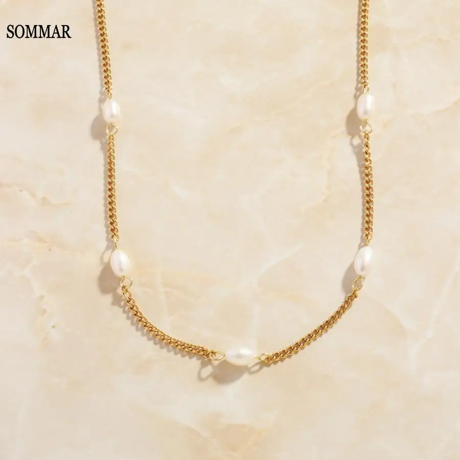 SOMMAR Newest Gold color women necklaces chain Freshwater Pearl Necklace Chain tattoo choker Elegant