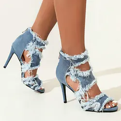 Brushed Denim Jeans Fabric Blue Womans Summer Shoes Open Toe 9.5 7cm Spike High Heel Gladiators Plus Size 44 45 46 Sandały damskie