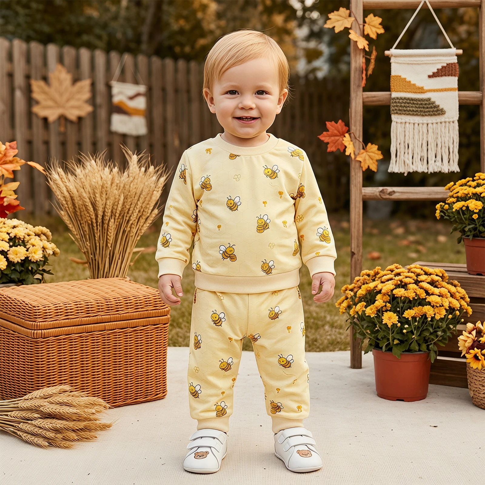 Baby Fall Outfit Bee Print Long Sleeve Crew Neck Sweatshirt with Pants