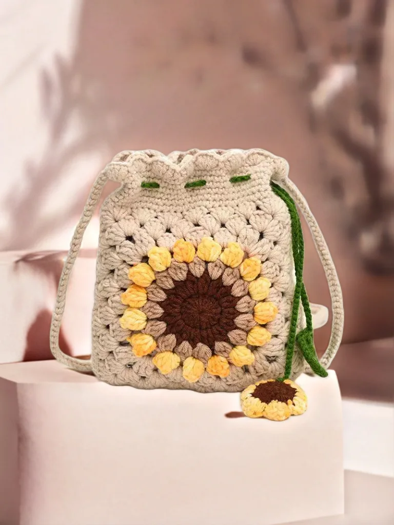 Sunflower Wool Mobile Phone Finished Small Bag Women's High-end Feel Crossbody Bag 2025 New Crocheted Storage Bag Storage Bag