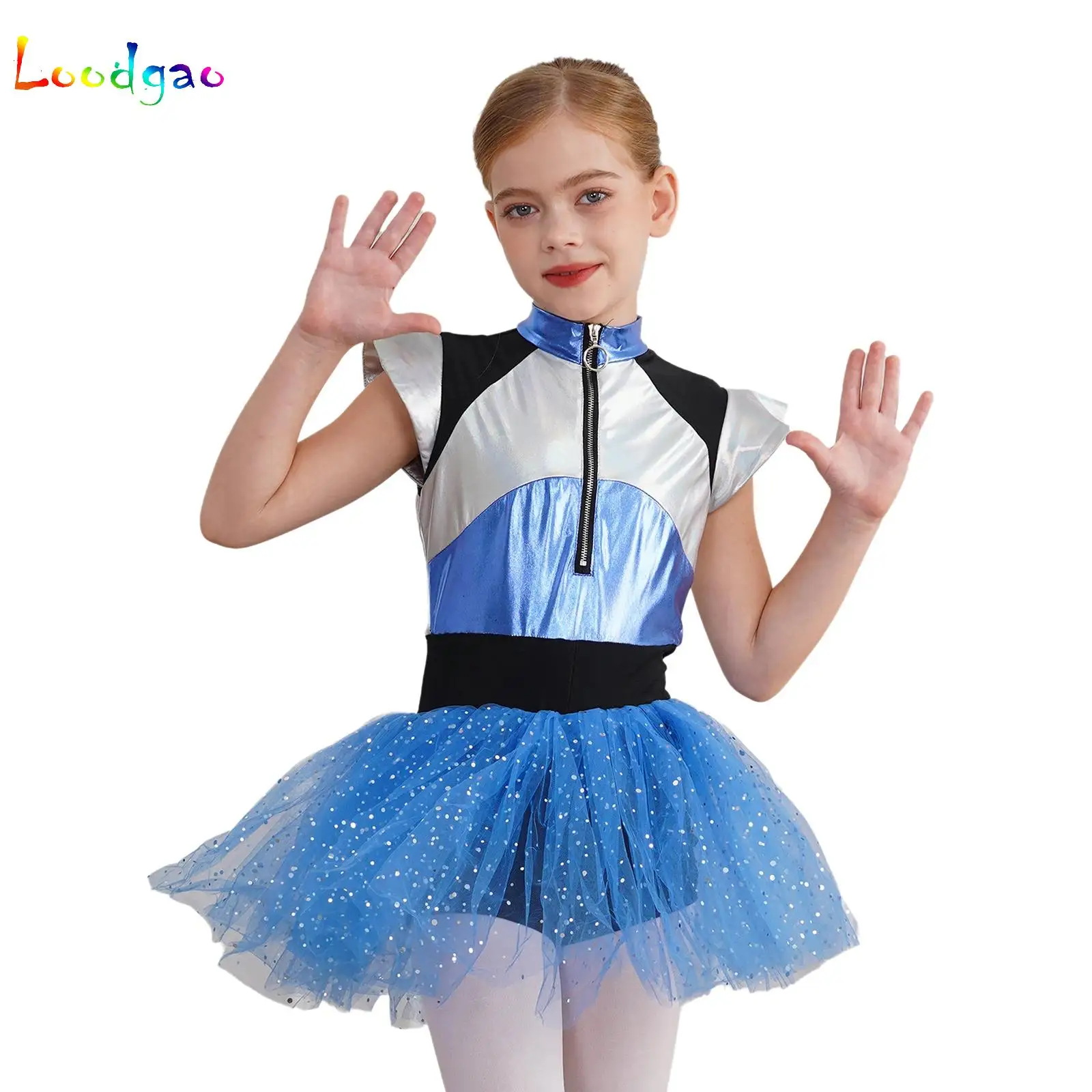 

Girls Alien Future World Costume for Fancy Dress Up Metallic Cape Dance Leotard Tutu Dress Robot Cosplay Halloween Role Play