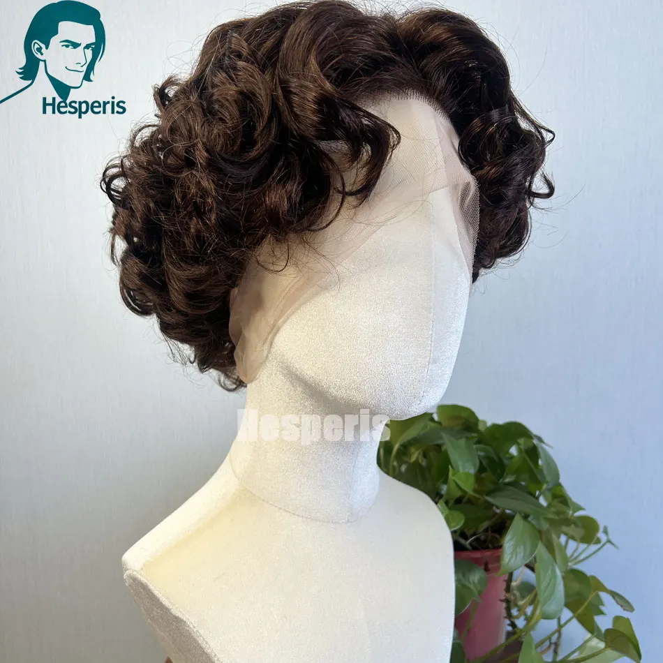 ヘスペリス男性用人毛ブラウンウィッグプレスタイルカーリーフルレースウィッグ男性用ハンサムコスプレ人毛ウィッグ接着剤不要ブラウンヘア