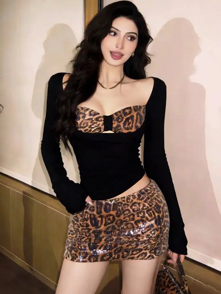 

Sexy Leopard Print ter Ne ort Sve Women's Top And High Waist Skirt Two Piece Set Korean Sle Faionable Spring Wear
