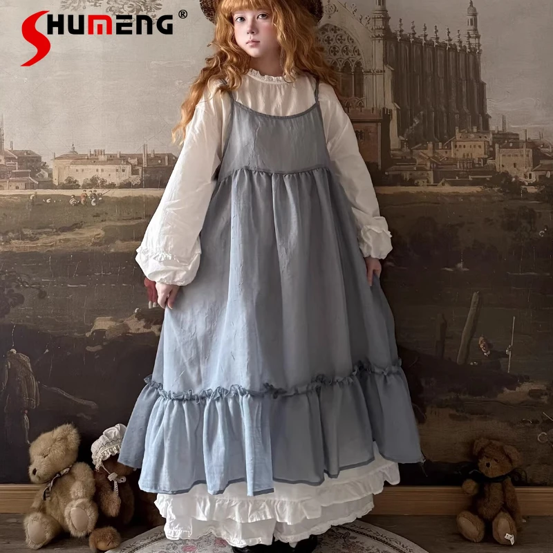 

2026 Spring New Fresh Cute Bubble Sleeves Lace Round Neck White Dress High Waist Relaxation Loose Dresses Solid Color Vestidos