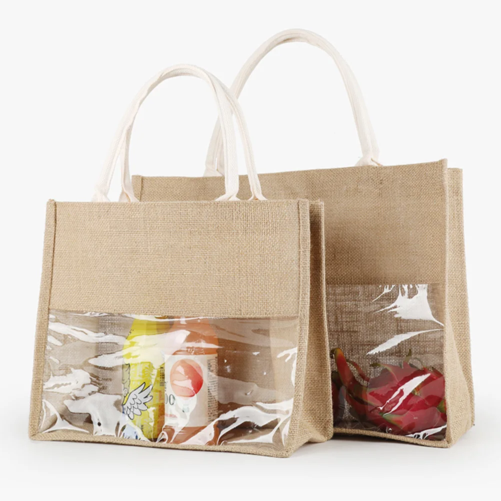 

Linen Bag Clear Storage Tote Bags Mini Rustic Wedding Favor Jute Bottle Gift Handheld Pouch Flax PE Film Strong Durable