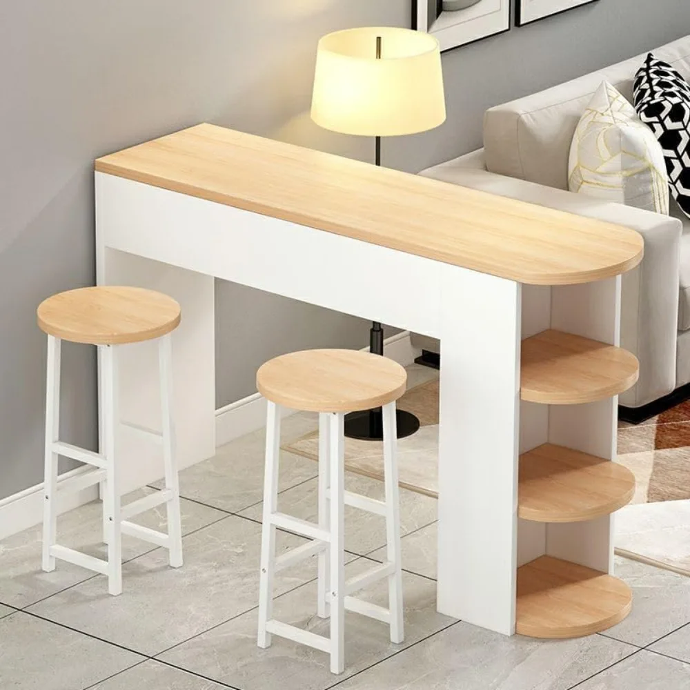 Bartafel en stoelenset, moderne woonkamer bartafelset met opbergplanken en 2 rugloze kussenkrukken voor huis en keuken