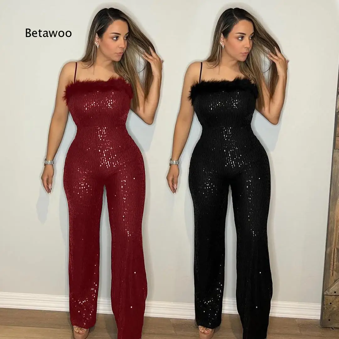Women Spaghetti Strap Fringe Spliced Sequin Jumpsuit Stylish One Piece Outfit Slim Fit Romper For Party Club And Evening Social
