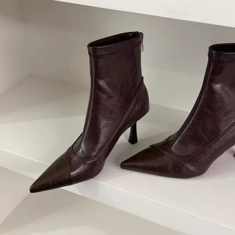 أحذية للنساء عالية الكعب أحذية جلدية قصيرة جديدة الإناث وأشار كعب رقيقة أحذية السيدات حذاء من الجلد بوتاس دي موهير 2026 #1