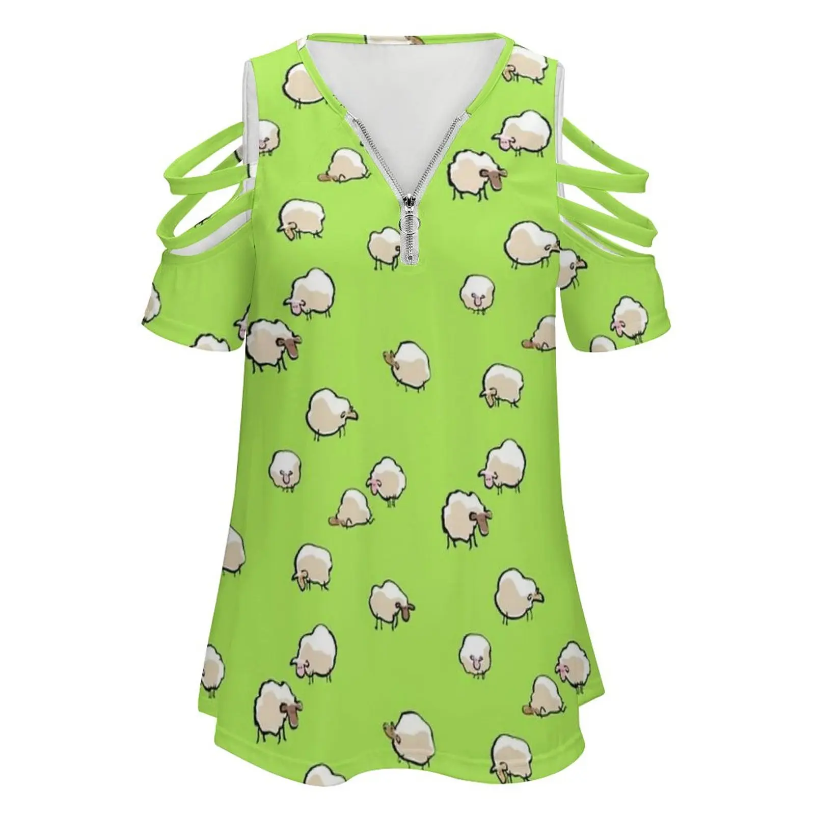 Sheep New Fashion Zip Off Shoulder Top Short-Sleeve Women Shirt Sheep Wool Meadow Animal Nine Many Grass Cartoon