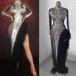 Irregular Black Mesh Sequin Rhinestones Slit Long Dress Bar Stage Performance Sexy Transparent Costume Birthday Party Celebrate