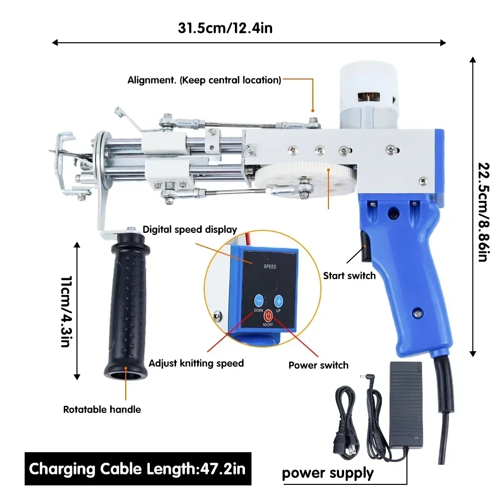 Electric Digital display Carpet Weaving Flocking Machine, Tufting Gun Set, Loop Pile with Ball of Yarn Pistol, 2 in 1