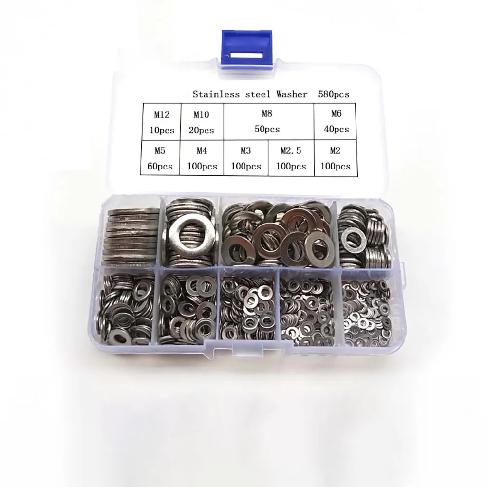 180/360/580pcs 304 Stainless Metal Fasteners Steel Flat Washers Set Home Decor Factory Repair Kitchen M2 M2.5 M3 M4 M5 M6 M8 M10