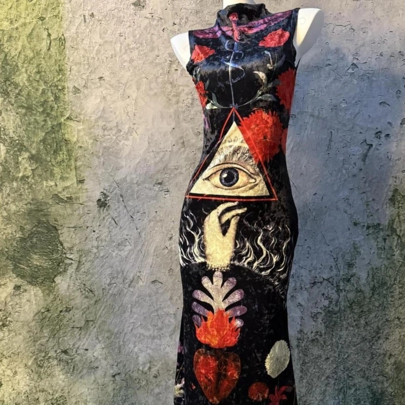 Gothic Dark Vintage Sexy Dress Women Clothing Harajuku Grunge Print Retro High neck Long Dress Punk Streetwear Femme Y2k Dresses