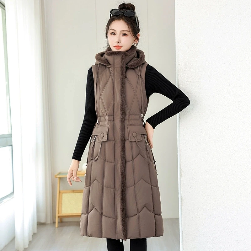 Women Mid Long Puffer Vest Autumn Winter New Warm Cotton Jacket Slim Outerwear Fashion Hooded Sleeveless Jacket Female Waistcoat