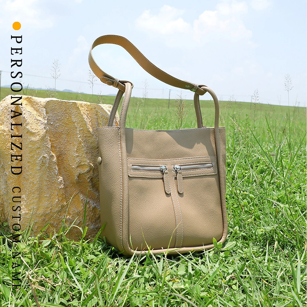 

First layer cow genuine leather niche light luxury women's bag new large capacity commuting shoulder bag bucket bag free custom