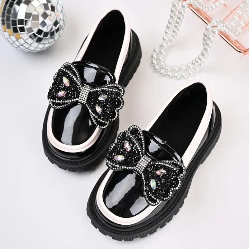 Girls Princess Flat Shoes Shiny Bows Kids Leather Shoes Soft Bottom 2026 New Fashion Children Casual Shoes Round Toes