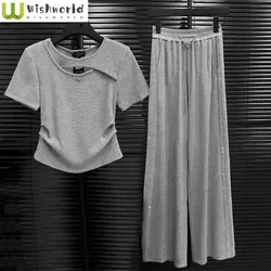 Cross Hollow Hot Diamond Short Sleeved T-shirt Wide Leg Pants Two-piece Set for Women's Summer Fashion Casual Two-piece Set