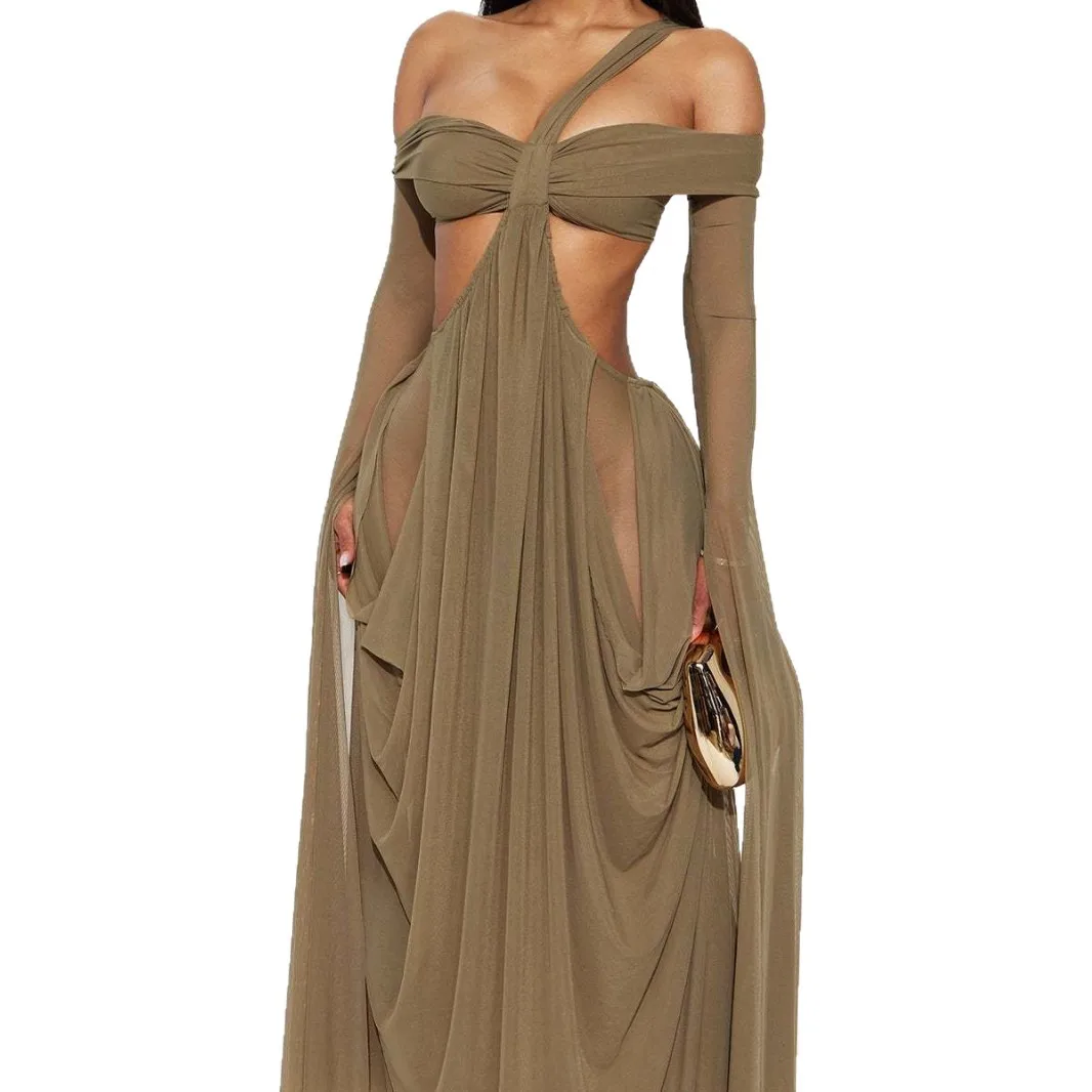 Abito lungo con ritaglio monospalla Abito da sera in maglia trasparente da donna Elegante abito da ballo formale aderente increspato 2026 Nuova moda