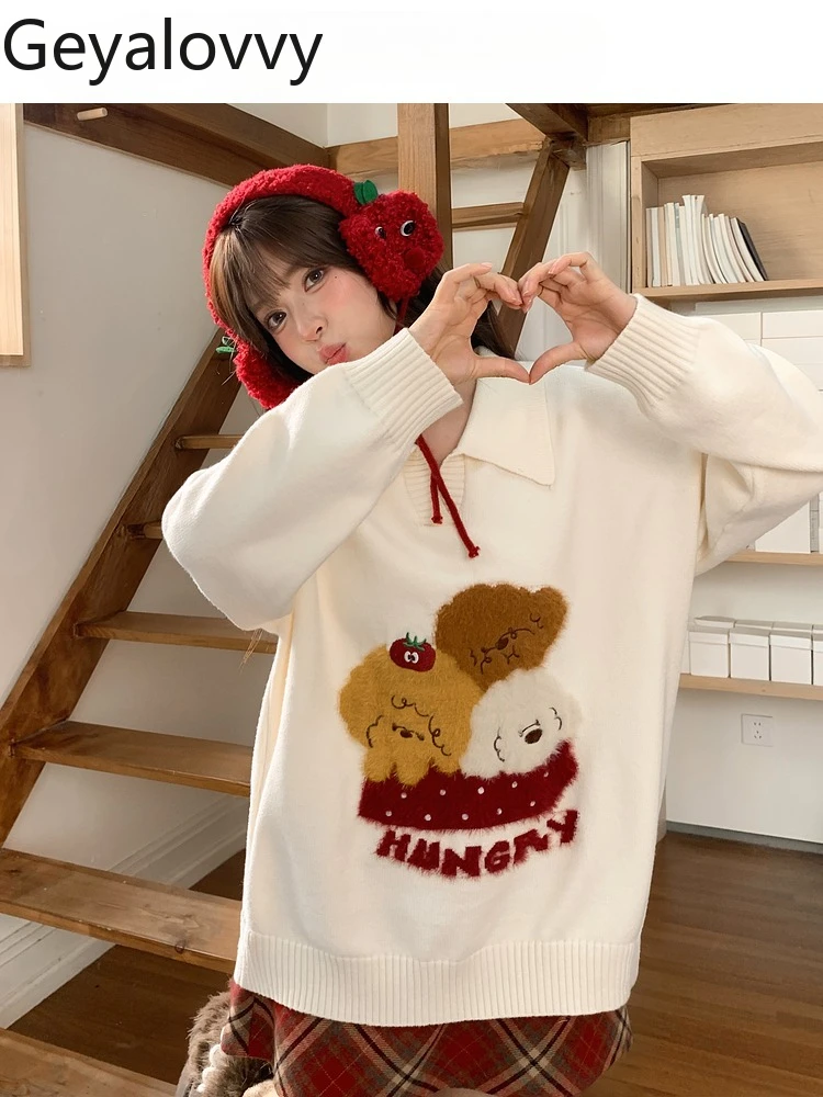 

Sweet Style Versatile Cartoon Embroidered Pullover Knit Sweater Winter New Warm Turn-Down Collar Long Sleeve Outerwear Knitwear