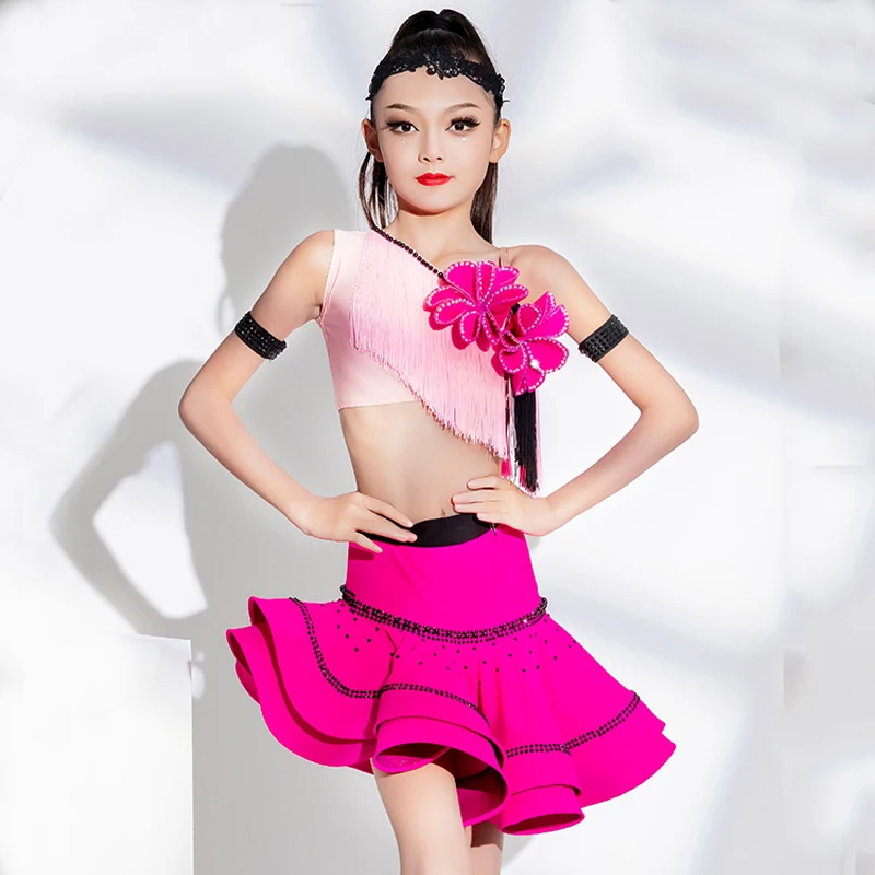 

Kids Performance Ballroom Dance Costume Girls Latin Dance Dress Latin Fringed Top Skirt Chacha Tango Samba Stage Wear SL9066