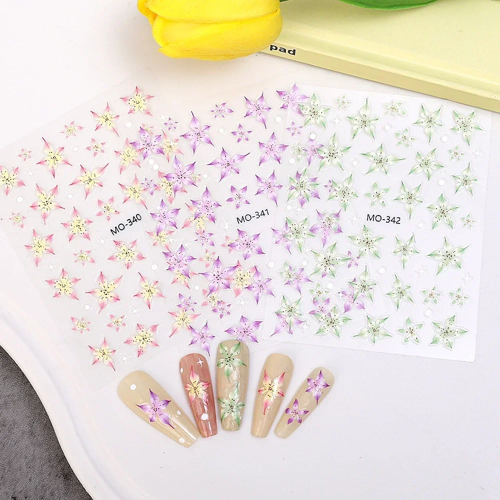 3D Pink Purple Green Lily Nail Art Sticker Long Lasting Self-adhesive Easy To Apply Fresh Sweet Manicure Decoration Sticker Tool