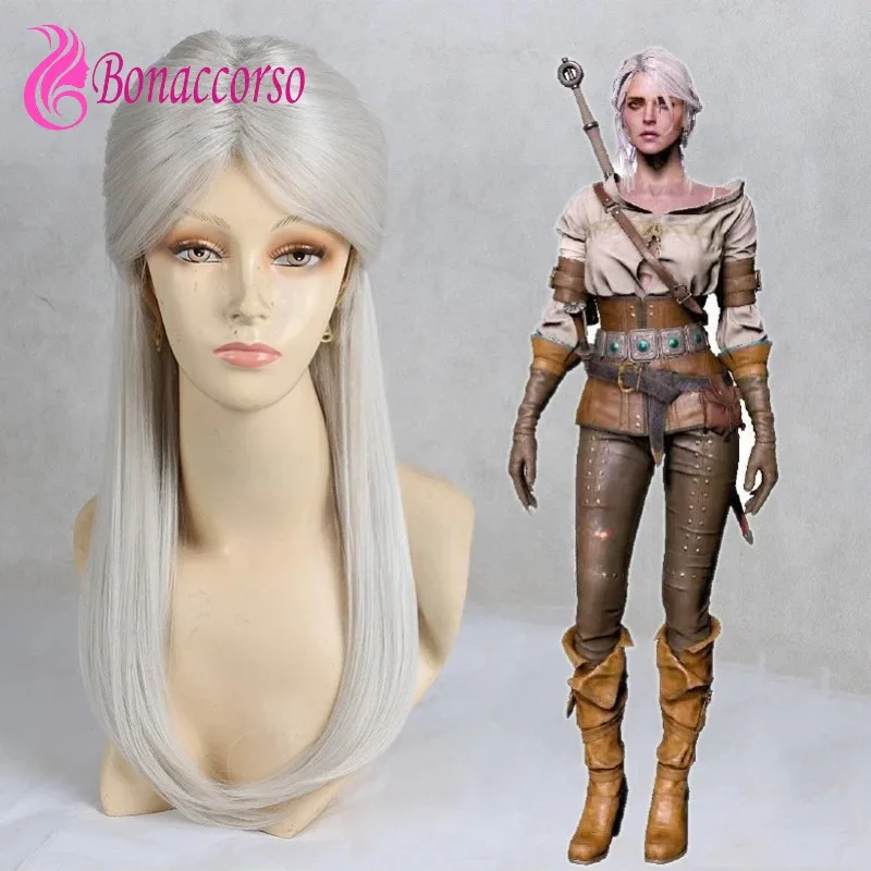 The Witcher 3 Wild Hunt Ciri كوسبلاي فضي أبيض اصطناعي طويل مستقيم من الألياف المقاومة للحرارة لحفلات الهالوين