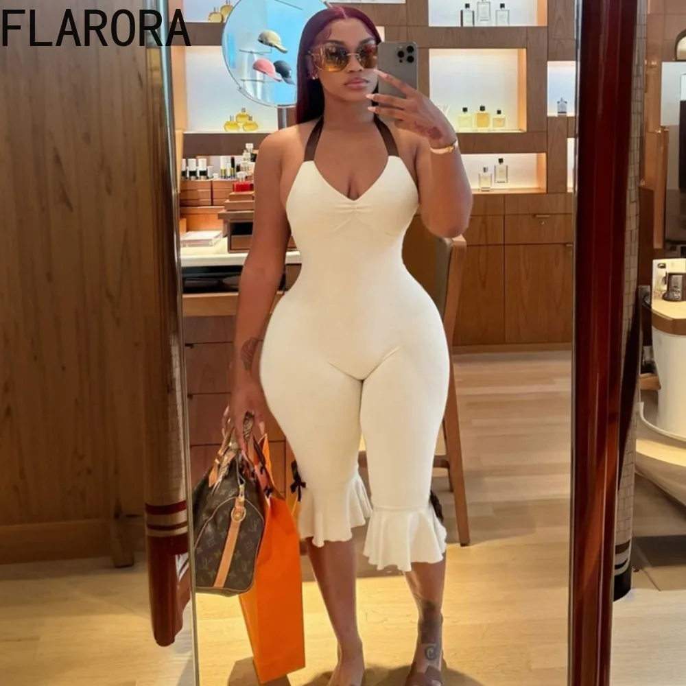 

FLARORA Trend Bows Patchwork Flare Jumpsuits Woman Sexy Solid Color Halter Backless Lace Up Slim Playsuit Female Street Overalls