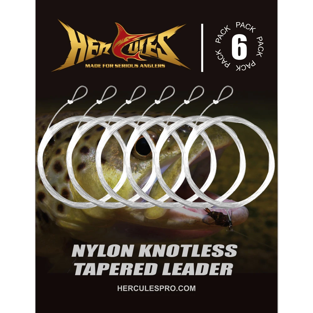 Hercules 6pcs Nylon Tapered Fly Fishing Leader Line Pre-Tied Loop 7.5/9/12/15 FT 0-7X  with Tapered Leader Wallet