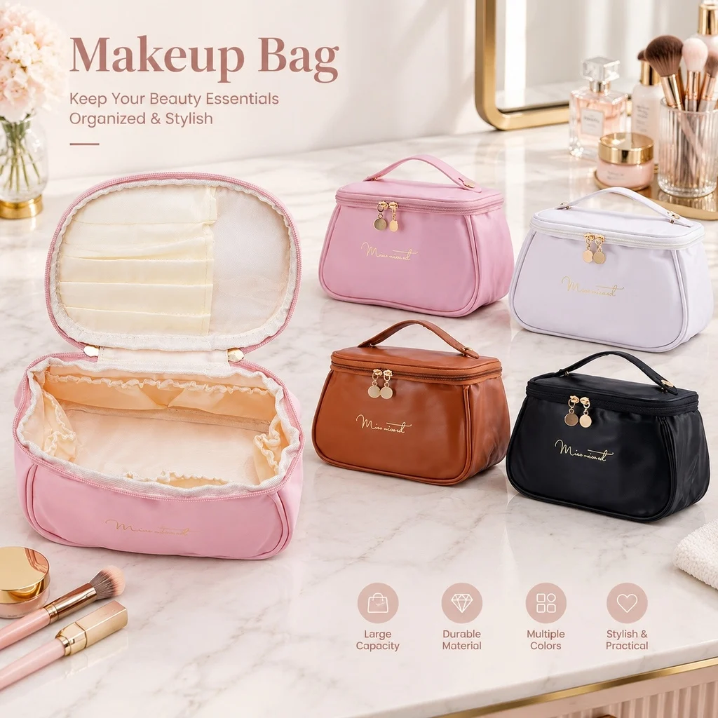 PU Leather Double Layer Makeup Bag Large Capacity Cosmetic Bags Luxury Cosmetics Organizer Women's Travel Essentials