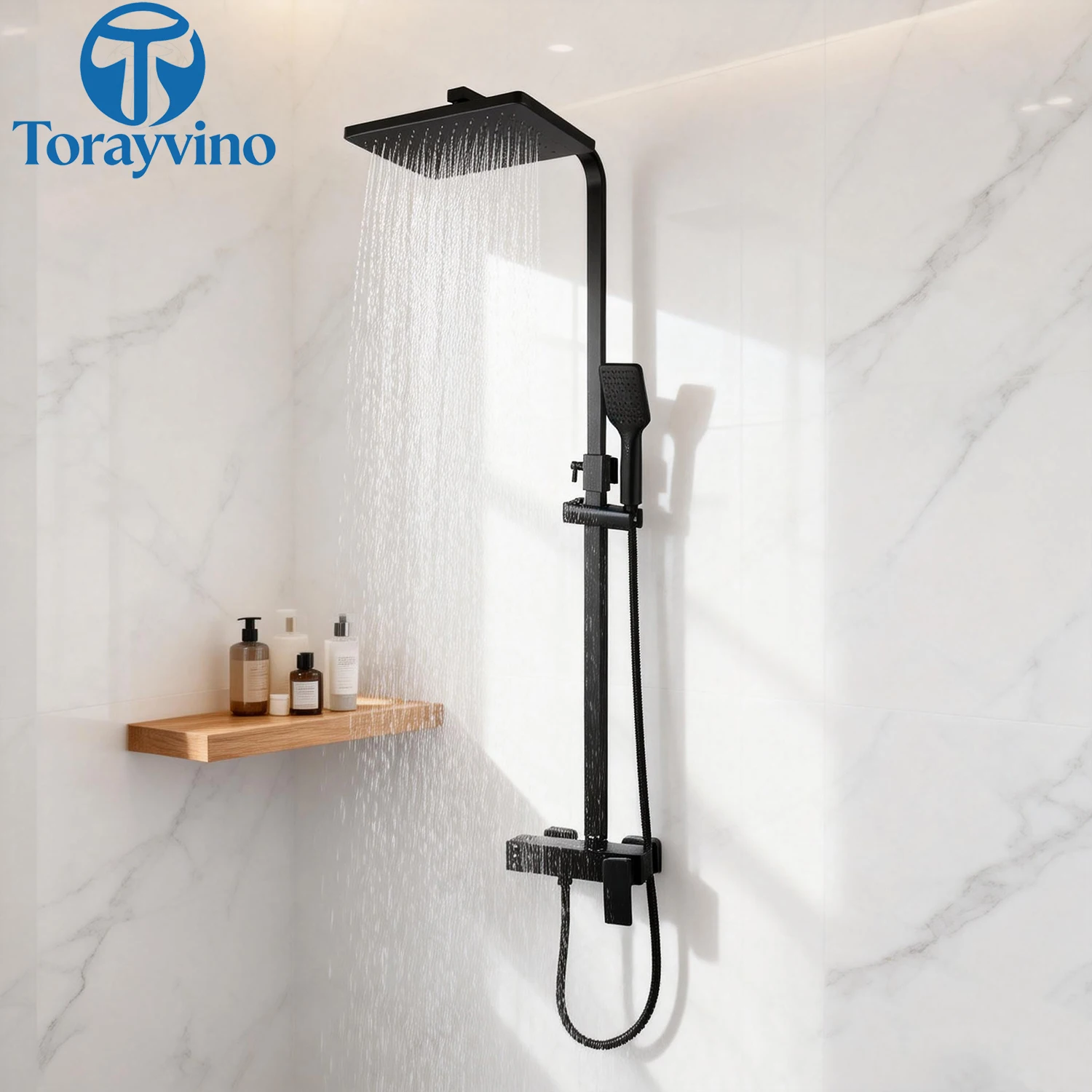 Torayvino Matte Black Shower Set Bathroom Faucet Brushed Gold Rainfall Head With Third Gear Handheld Shower Wall Mounted Mixer