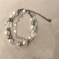 Harajuku Resin Imitation Pearl Star Beaded Bracelets For Women Vintage Aesthetic Charm Double Layer Star Chain Bracelet Jewelry