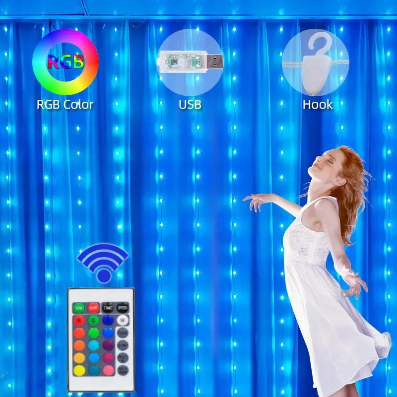 LED Window Curtain String Lights 16 Color Fairy Light Controle Remoto Natal Garland Outdoor Wedding Party Bedroom Decoração