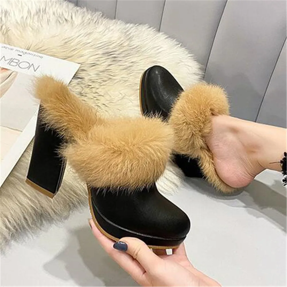 2024 New Lady Mules Closed Toe Fashion 10 CM High Heel Slippers Woman Winter Warm Fur Clogs Casual Sandals Black Shoes Eu 34-40