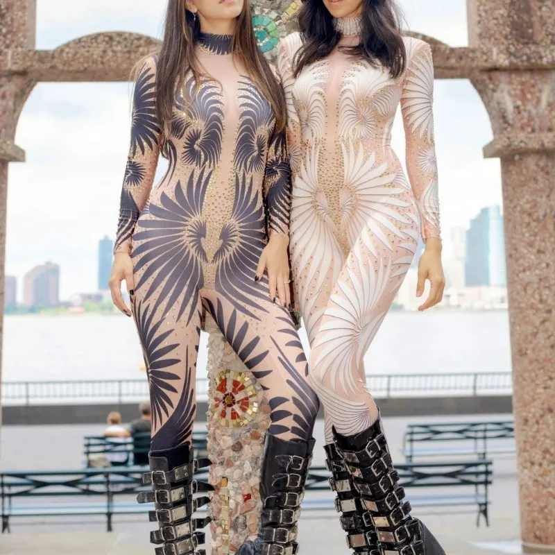 

Women Skin Color Print Jumpsuit Stage Performance Elegant Zentai Bodysuits Lady Festival Adult Carnival Party Nightclub Outfits