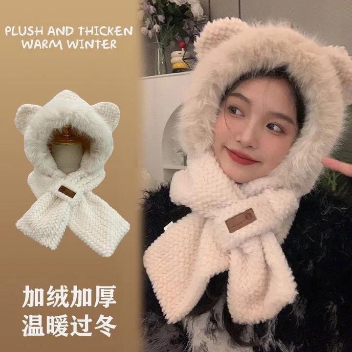 Ear Bear Woolen Hat Female Autumn Winter Plus Wool Thick Knit Cap Cute Niche Scarf Outdoor Warm M584