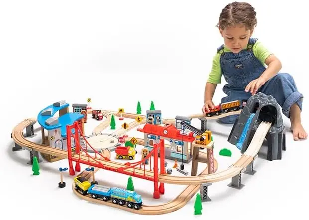 100pc Mountain Train Set - Wooden Magnetic Train with Roundhouse, 3+