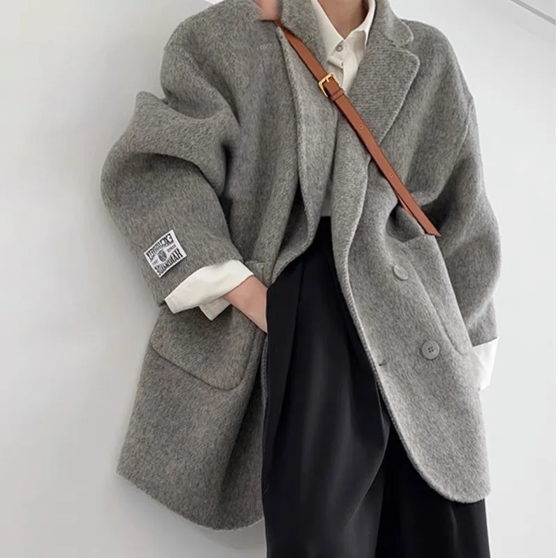 

Office Lady Camel Fleece Double-sided Wool Coat for Women Autumn Winter Loose Long Sleeve Turn-down Collar Solid Blends Coats