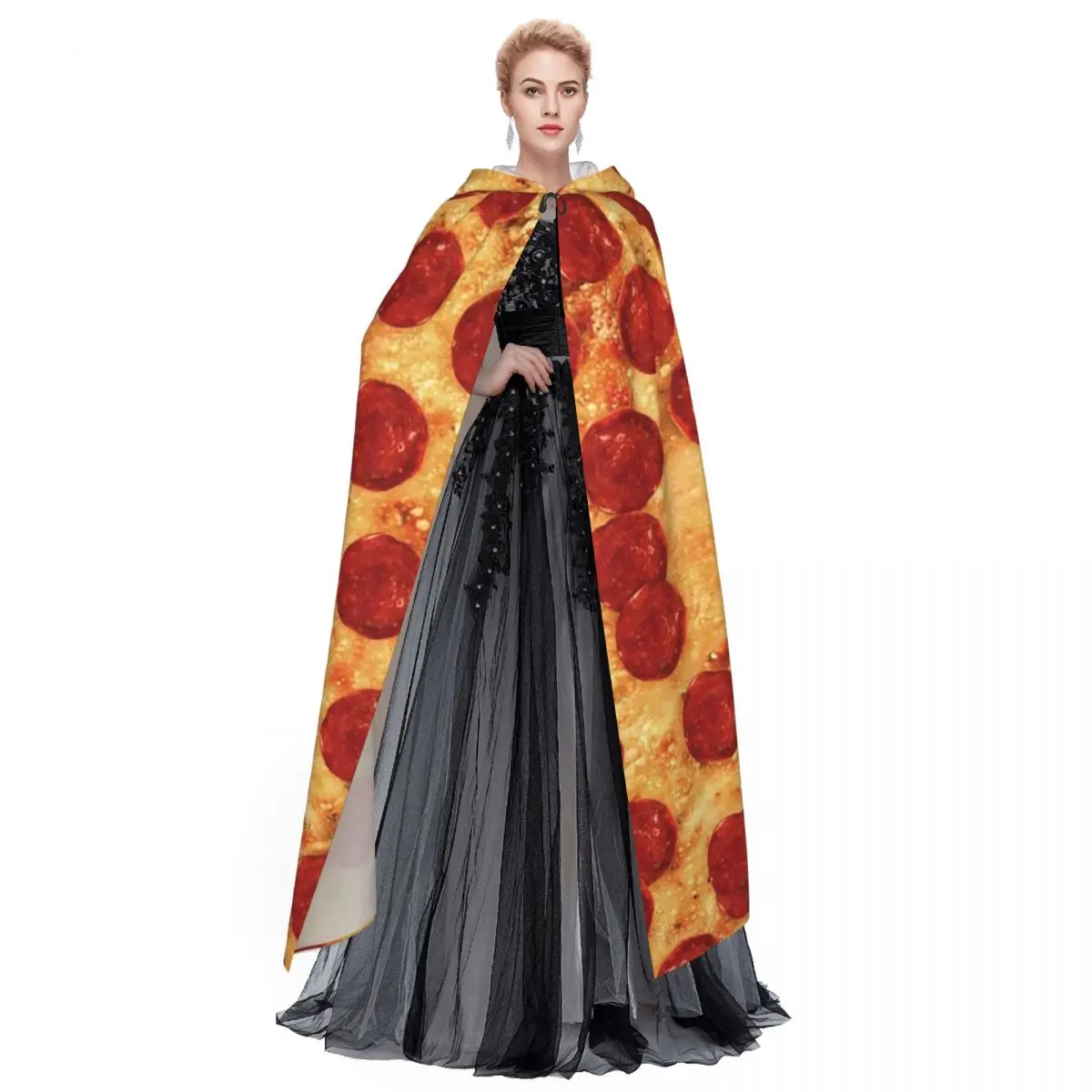 Pepperoni الجبن البيتزا نمط طويل مقنعين عباءة الساحرة القرون الوسطى زي تأثيري كيب هالوين معطف الكبار للجنسين