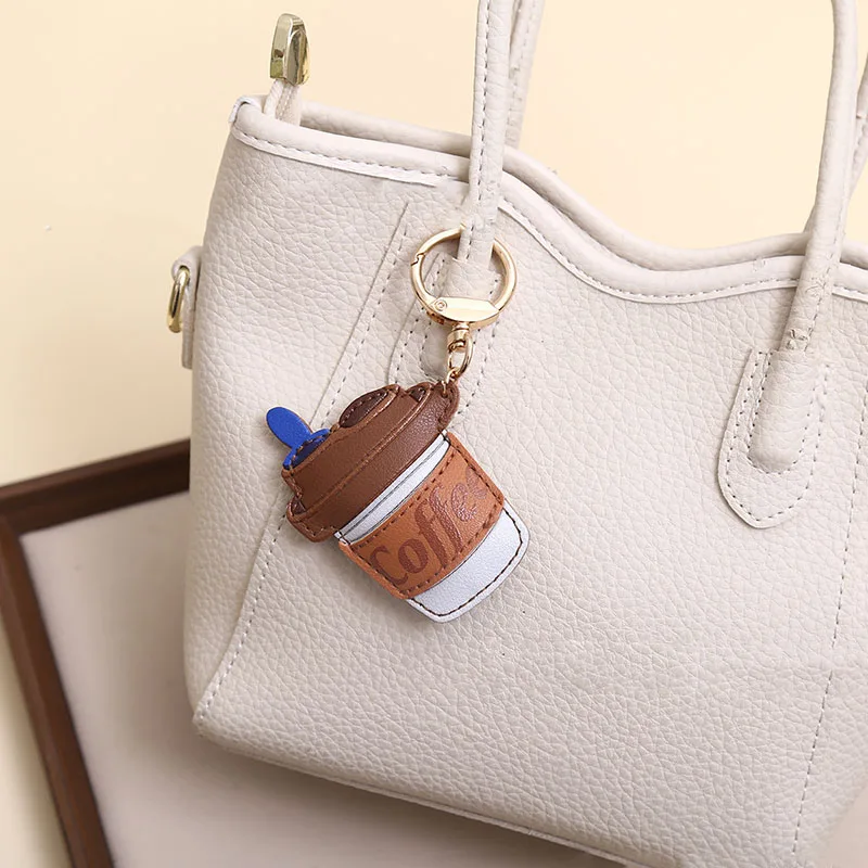 Women Female Korean Style Candy Color Pu Leather Coffee Cup Pendant Creative Bag Charm Keychain Girl Gift