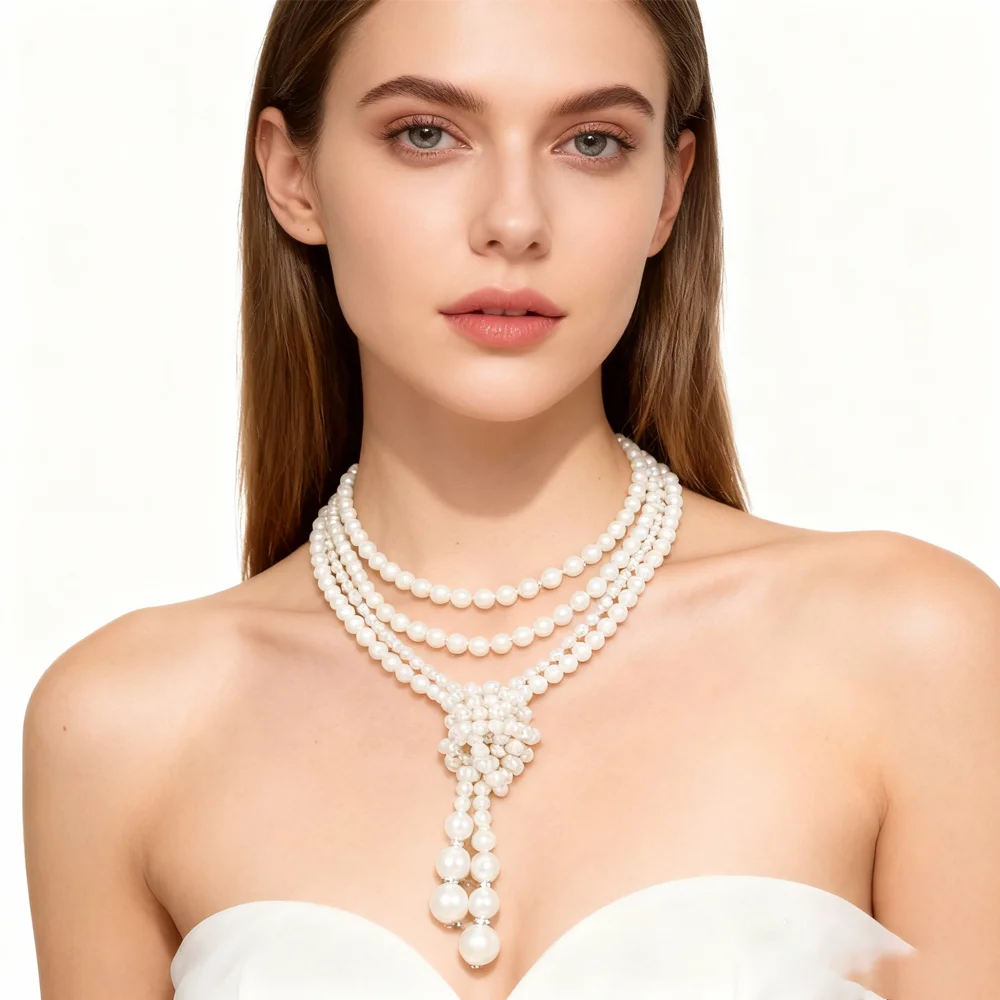 PESENAR  1920s Style Multi-Layer Pearl Knot Necklace for Flapper Costume and Vintage Gatsby Accessory