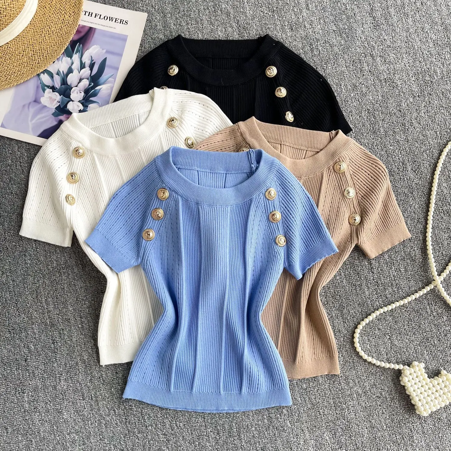 

Вязаная футболка с круглым вырезом, женская летняя тонкая короткая узкая универсальная футболка