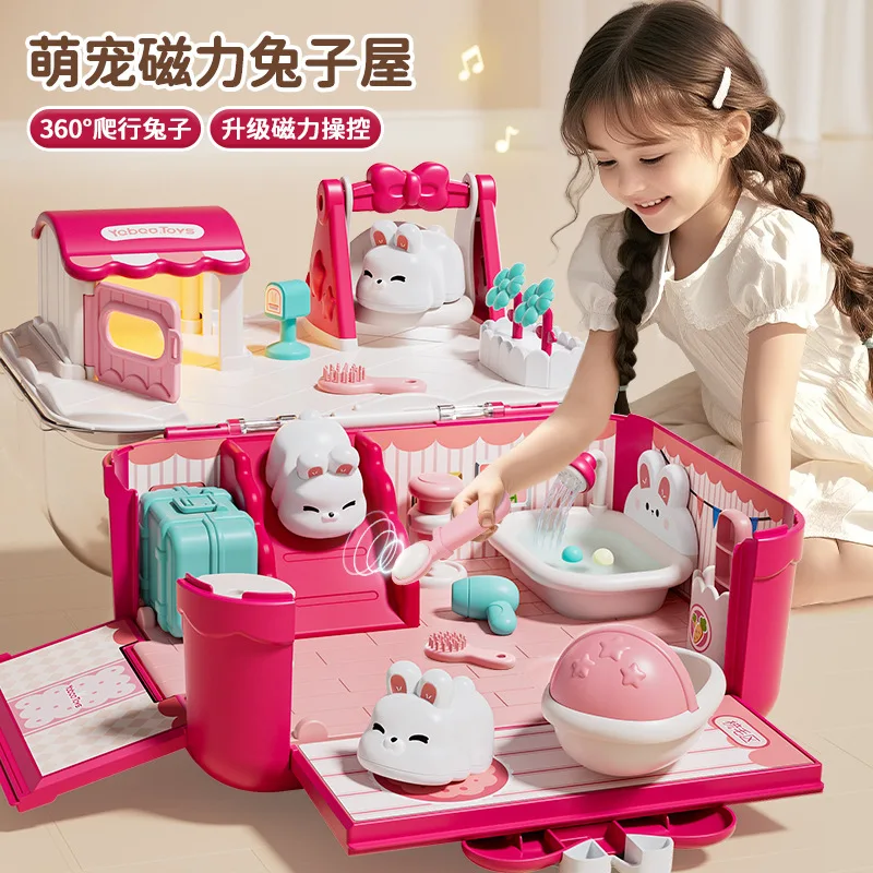 かわいいウサギの磁気プレイハウス＆猫のドールハウスセット-女の子向けごっこ遊びおもちゃ＆ギフト