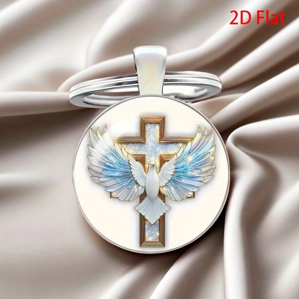 12-60Sets 2D Round Glass Keychain Cross Dove Peace Faith Card&Mesh Bag  Xmas Easter Baptism Mom's Day/ Wedding Favors for Guests