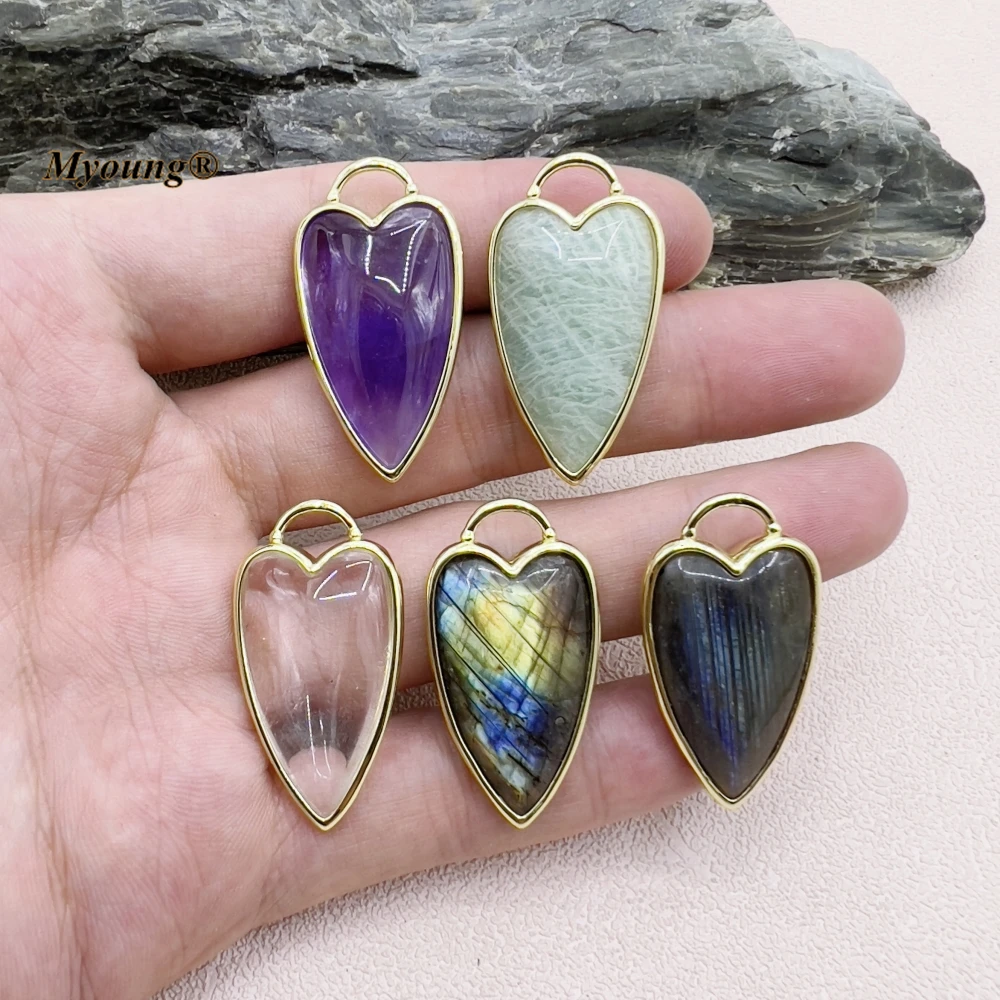 10PCS Exquisite Heart Shape Natural Labradorite Moonstone Amazonites Amethysts Crystal Quartz Love Necklace Pendant MY230733