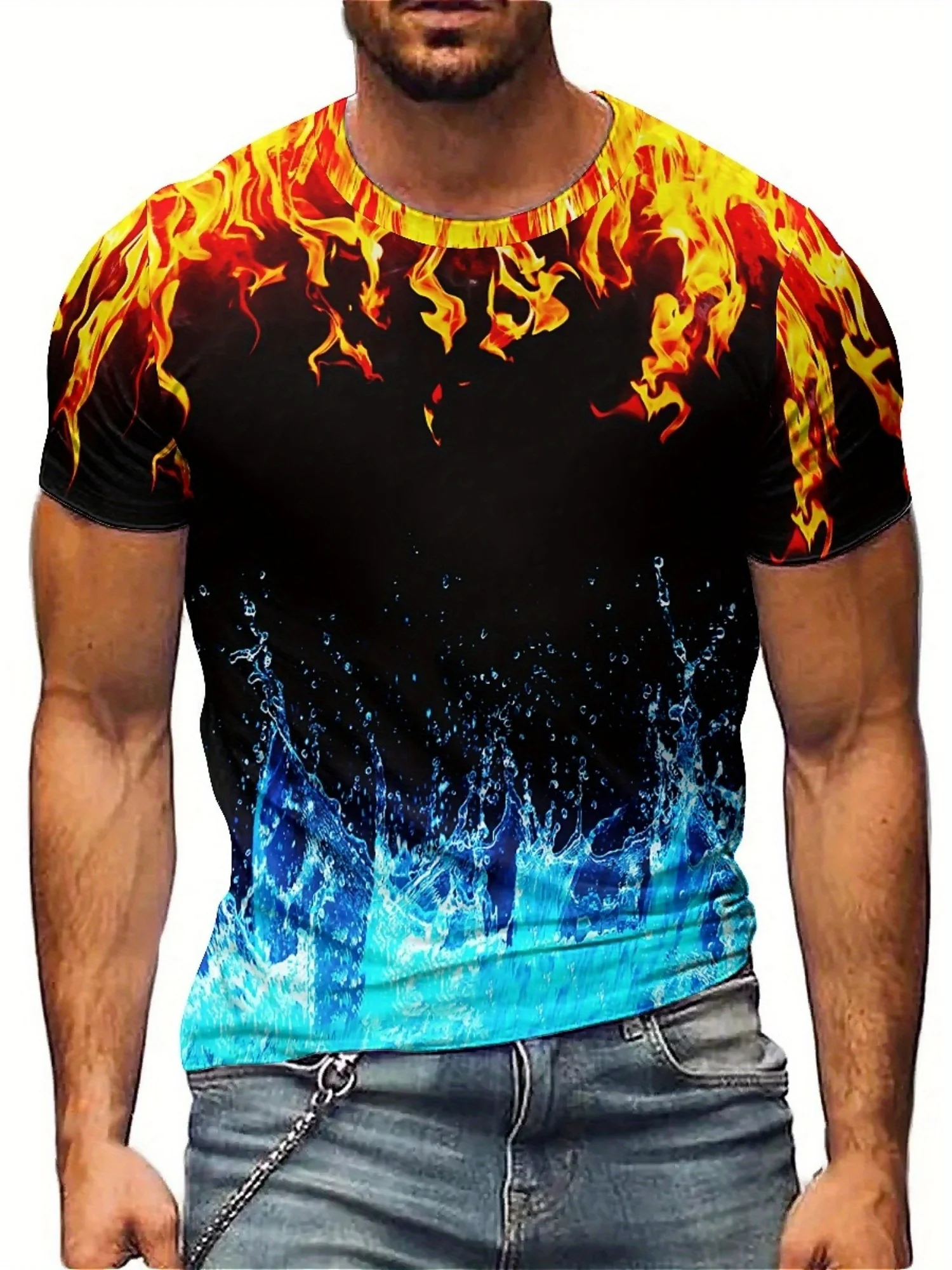 Men's flame pattern T-shirt - bold 3D printing orange yellow red gradual change flame, light and breathable polyester fiber