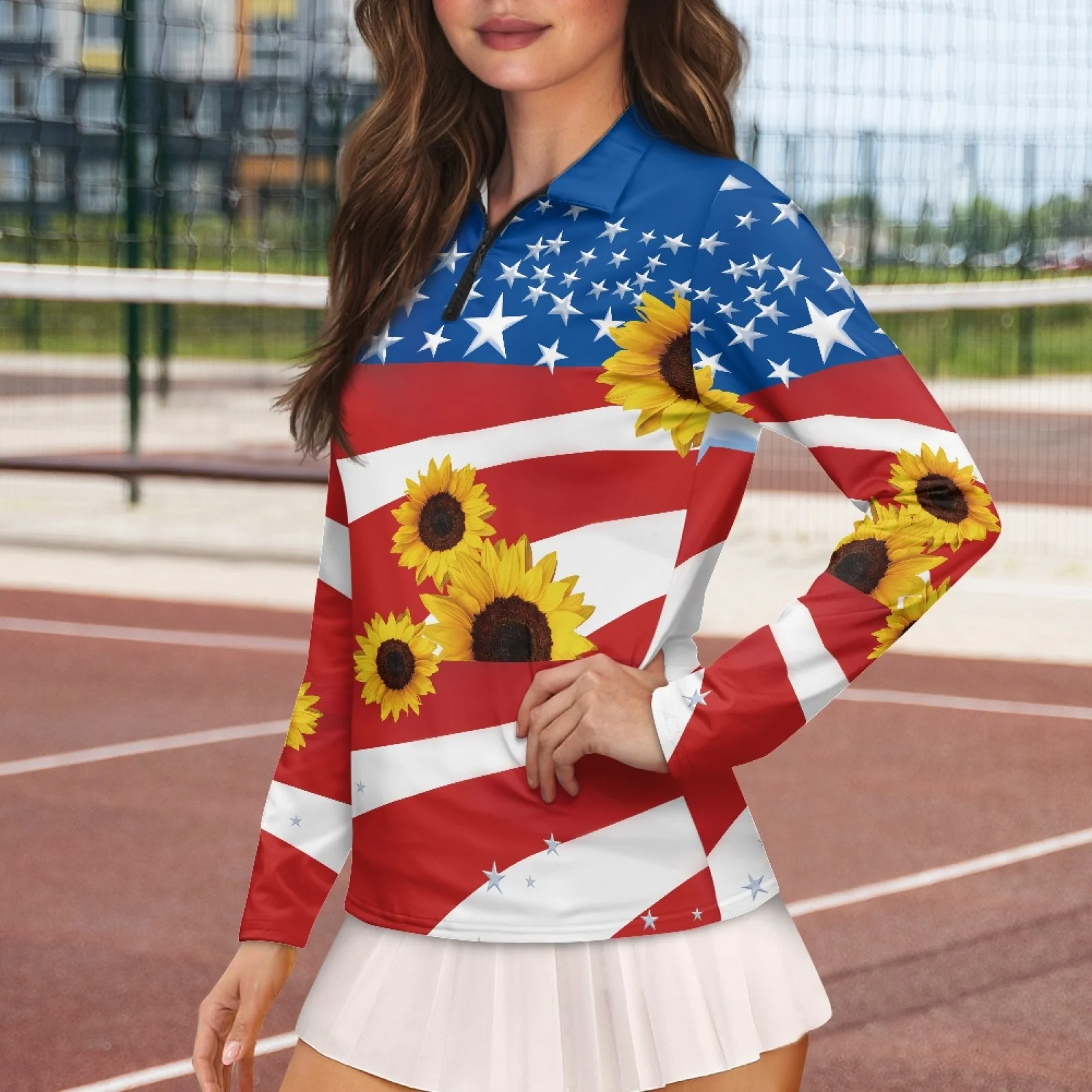 PENSTROLL Flag Sunflower Print Womens Moisture Wicking Pullover Polo Tops Long Sleeve Golf Shirts for Fitness