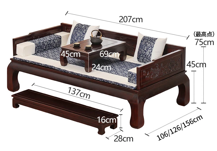 Chinese sofa bed antique living room small apartment chaise longue pineapple grid elm