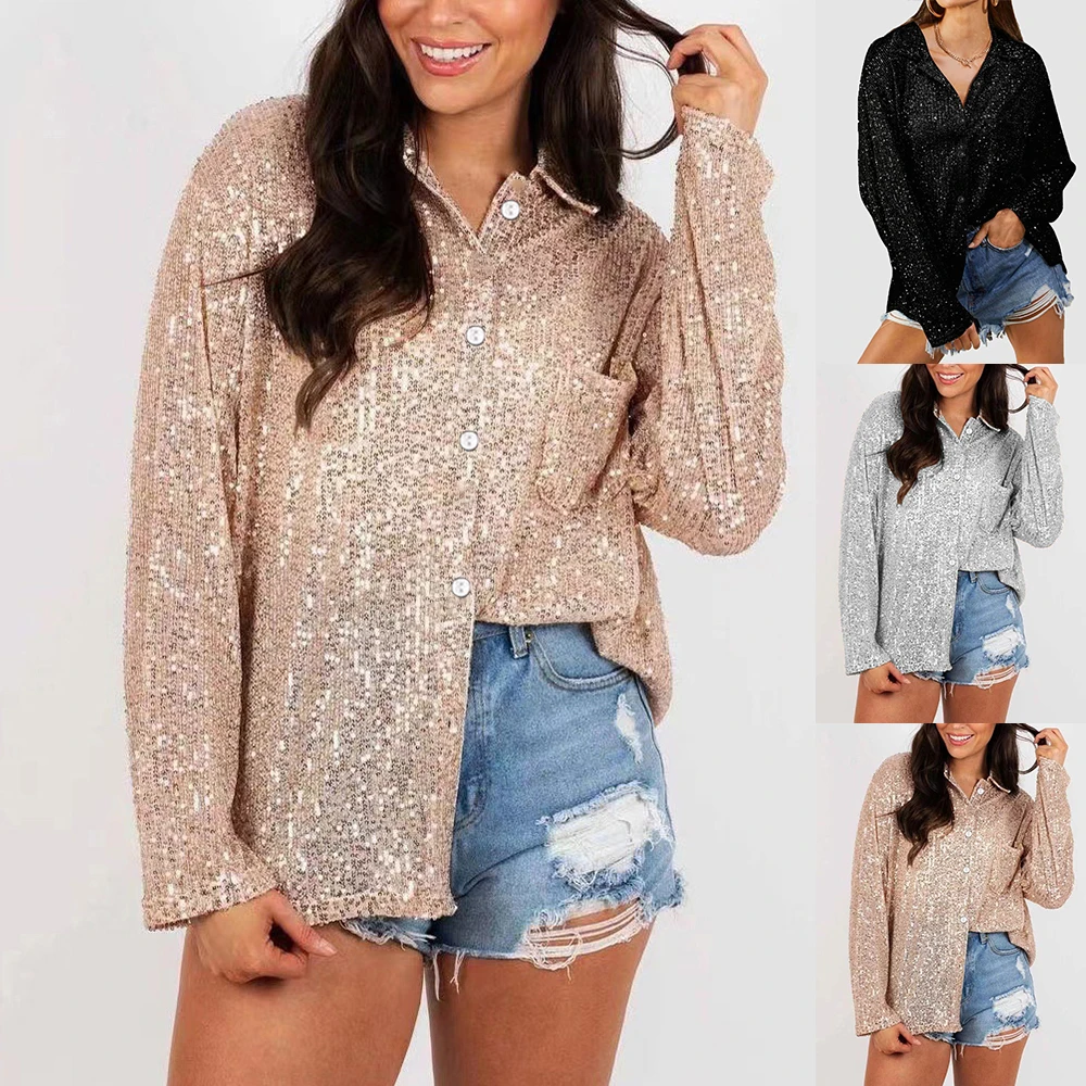 Women\'s Spring Fashion Sequin Button Casual Loose T-Shirt Clubwear Party Long Sleeve Shirt Tops Plus Size Clothing 2024