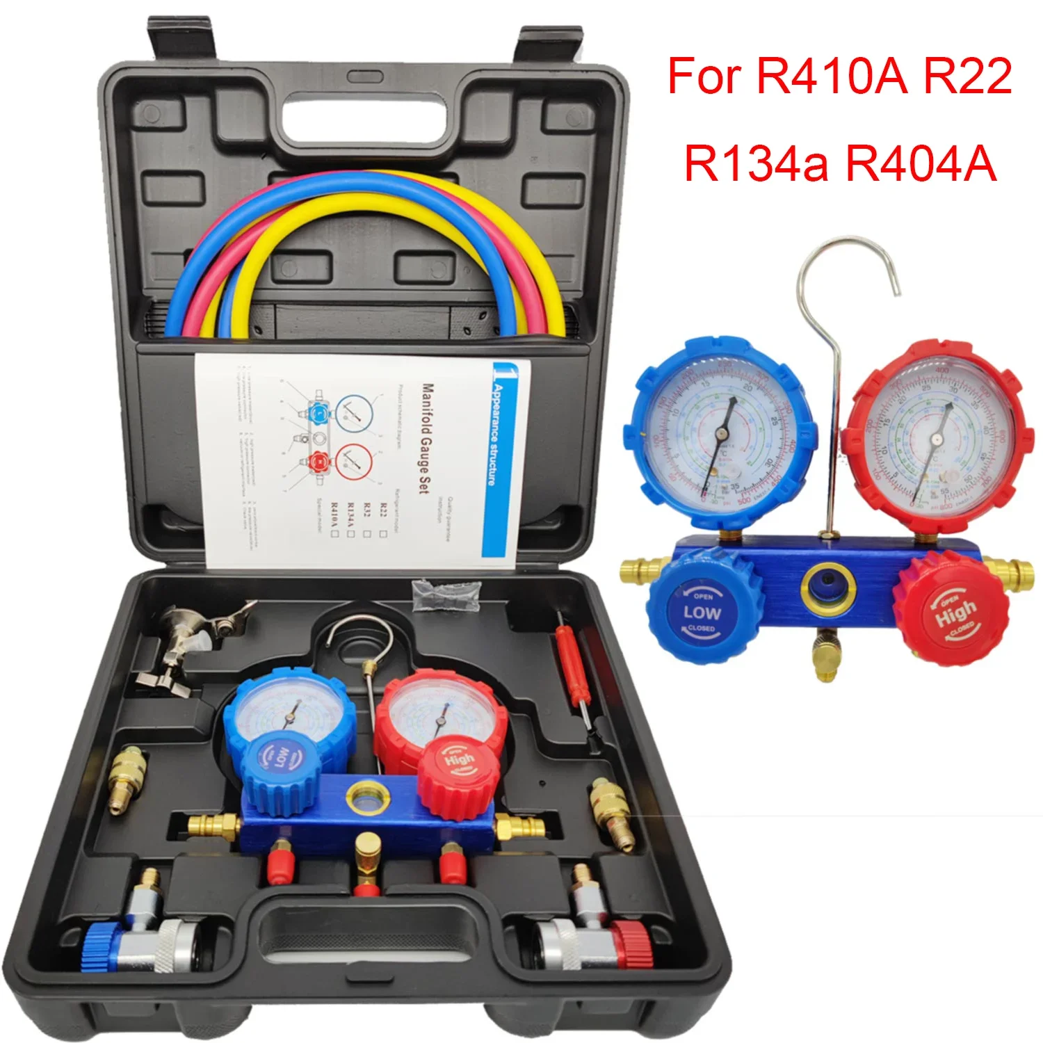 AC Air Conditioner Manifold Meter for R22, R410A, R134a, R404A with Automatic Refrigerant Diagnostic Tool Kit